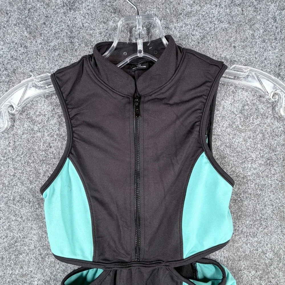 Bloch Girls Size 10 Black Teal Biketard Leotard FrontZip Cut-Out Dance Unitard